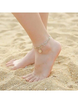 Memorjew Initial Ankle Bracelets for Women, 14K Gold Plated Double Layered Initial Anklets Jewelry for Women Teen Girls
