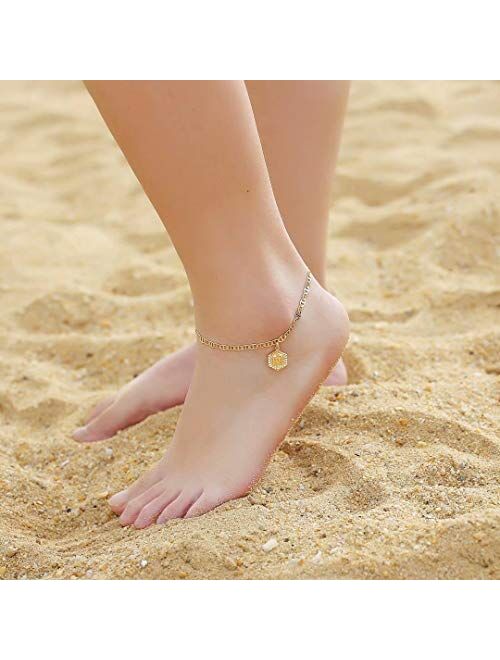 Memorjew Initial Ankle Bracelets for Women, 14K Gold Plated Double Layered Initial Anklets Jewelry for Women Teen Girls