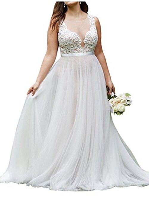 WeddingDazzle Plus Size Lace Beach Wedding Bridal Long Train Bride Dresses for Women's
