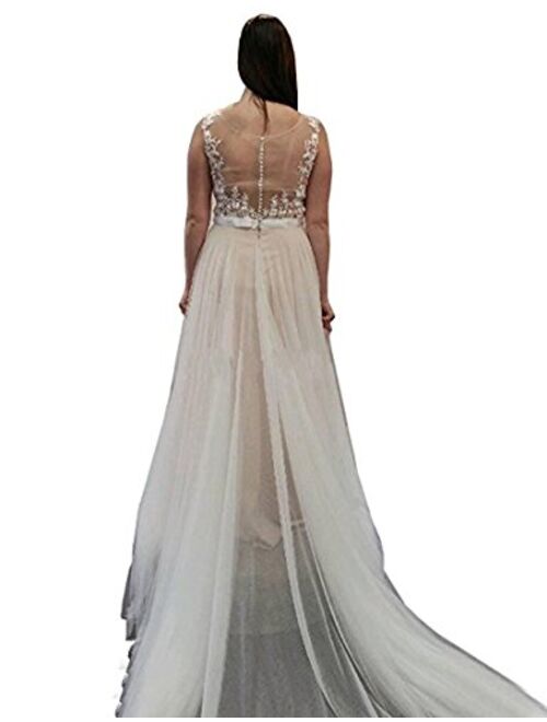 WeddingDazzle Plus Size Lace Beach Wedding Bridal Long Train Bride Dresses for Women's