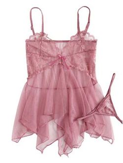 Women's Elegant Lingerie See Through Mesh Babydoll V Neck Sleepwear Chemise with Panty