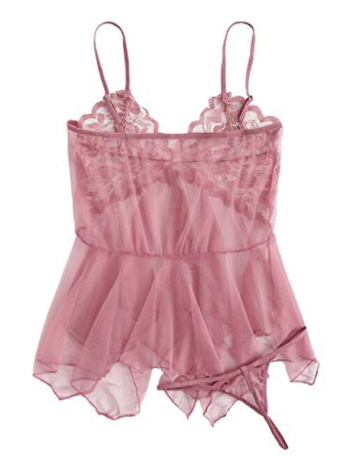 Romwe Women's Elegant Lingerie See Through Mesh Babydoll V Neck Sleepwear Chemise with Panty