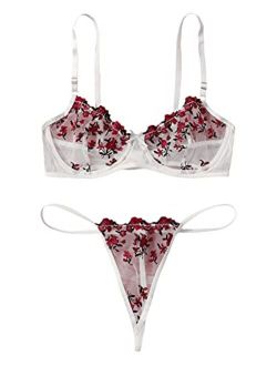 WoWomen's Plus Size Embroidered Floral Ladder Cut Lace Mesh Bra and Panty Lingerie Set