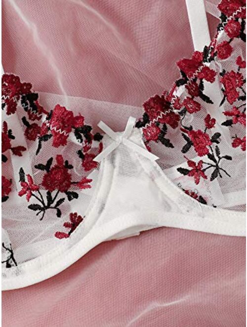 Romwe WoWomen's Plus Size Embroidered Floral Ladder Cut Lace Mesh Bra and Panty Lingerie Set