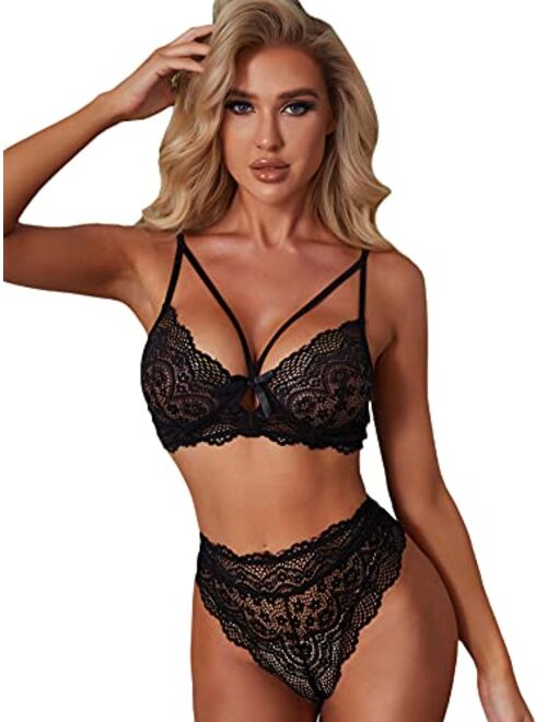Romwe Women's Floral Lace Harness Lingerie 2 Piece Cutout Bra and Panty Set Sleepwear