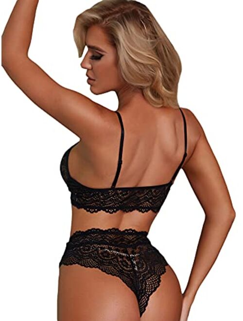 Romwe Women's Floral Lace Harness Lingerie 2 Piece Cutout Bra and Panty Set Sleepwear