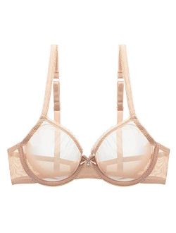 YANDW Sexy Sheer See Through Bras Unlined Underwire Lace Mesh Non Padded Ultra Thin Clear Bralette