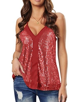 lime flare Women Sexy Sparkle All Over Sequin Cami Tank Tops