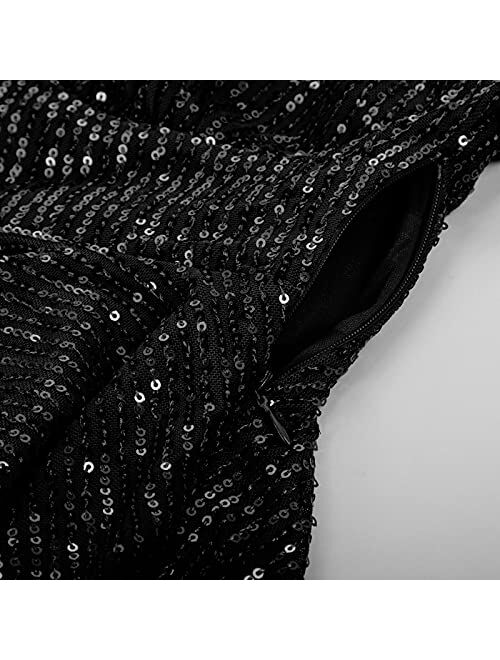 GRACE KARIN Women's Puff Sleeve Ruffle Hem Sparkle Shimmer V-Neck Sequin Blouse