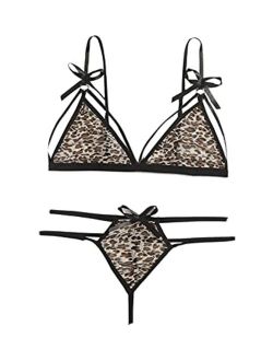Women's 2 Piece Harness Lingerie Set Leopard Print Cutout Bra and Panty