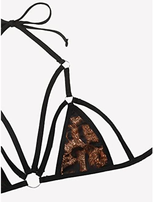 Romwe Women's Leopard Harness Lingerie Set 2 Piece Ring Linked Bra and Panty