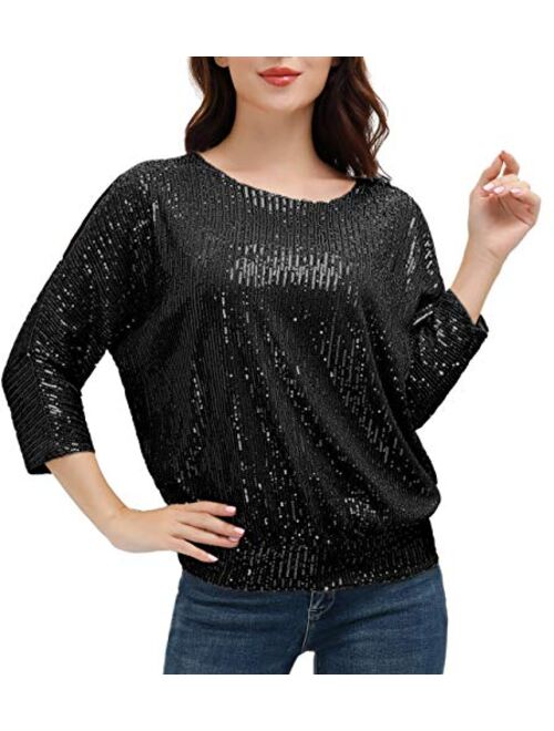 Women's Sparkle Sequin Tops Shimmer Glitter Loose Bat Sleeve Party Tunic Cold Shoulder Sparkly Dressy Tops