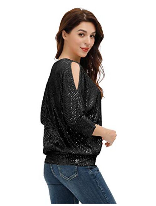Women's Sparkle Sequin Tops Shimmer Glitter Loose Bat Sleeve Party Tunic Cold Shoulder Sparkly Dressy Tops