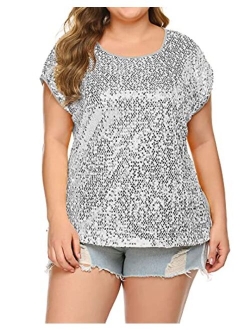 IN'VOLAND Women's Sequin Tops Plus Size Round Neck Sparkle Top Shimmer Glitter Short Sleeve T-Shirt Tunic Blouse