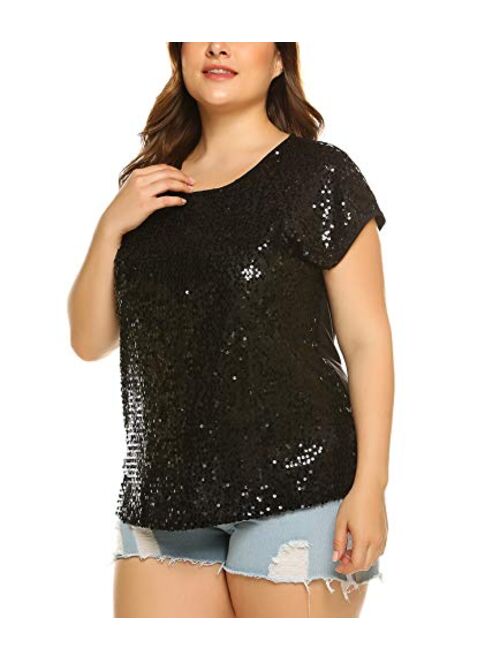 IN'VOLAND Women's Sequin Tops Plus Size Round Neck Sparkle Top Shimmer Glitter Short Sleeve T-Shirt Tunic Blouse
