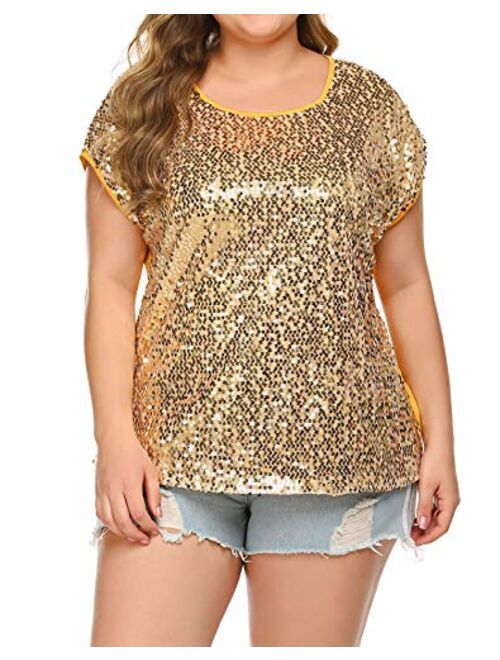 Womens Casual Short Sleeve Tunic Tops Cold Shoulder Sequin Glitter T-Shirt Comfy Sparkle Blouse Tee Pullover