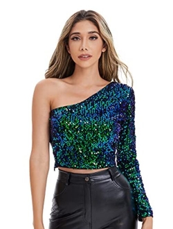 Women's One Shoulder Glitter Sequin Crop T-Shirt Top