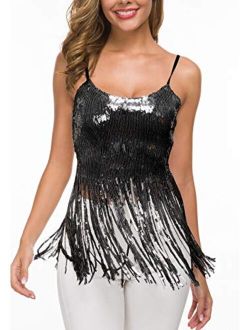 VVMCURVE Women's Sparkly Sequin Tassel Belly Dance Cocktail Costume Party Clubwear Tank Tops
