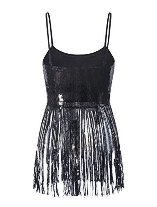 VVMCURVE Women's Sparkly Sequin Tassel Belly Dance Cocktail Costume Party Clubwear Tank Tops