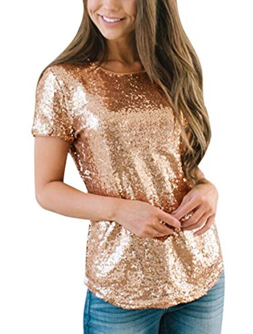 Spadehill Womens Full Sequin Sparkle Tops Glitter Short Sleeve Party Shirt S-3X
