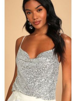 Dance the Disco Silver Sequin Cowl Neck Cropped Tank Top