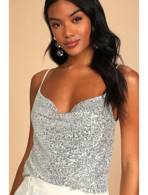Lulus Dance the Disco Silver Sequin Cowl Neck Cropped Tank Top