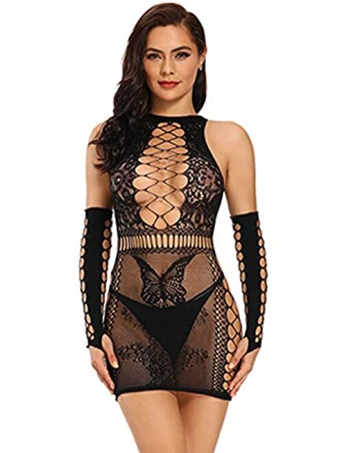 Barode Sexy Lingerie Teddy Bodysuit Fishnet Lingerie Sets Women's Outfit Babydoll Mesh Hole Chemise With Gloves Lace Stockings Sleepwear (Black)