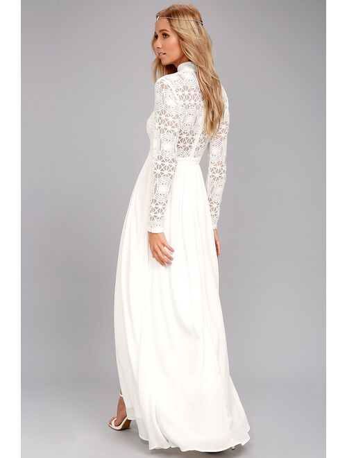 Lulus In Dreams White Long Sleeve Lace Maxi Dress