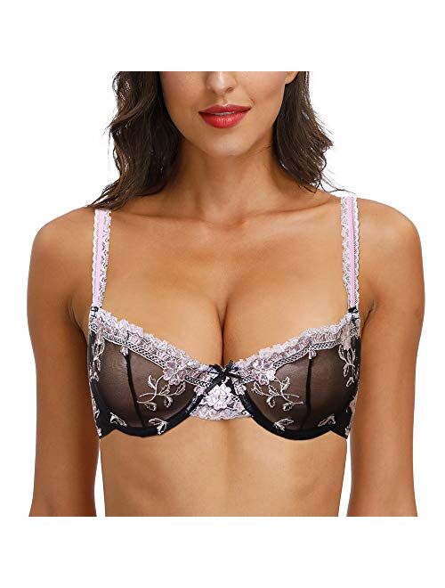 HWDI Women's Underwired See Through Sheer Bra and Panties Mesh Unlined Sexy Floral Lace Bralettes Plus Size