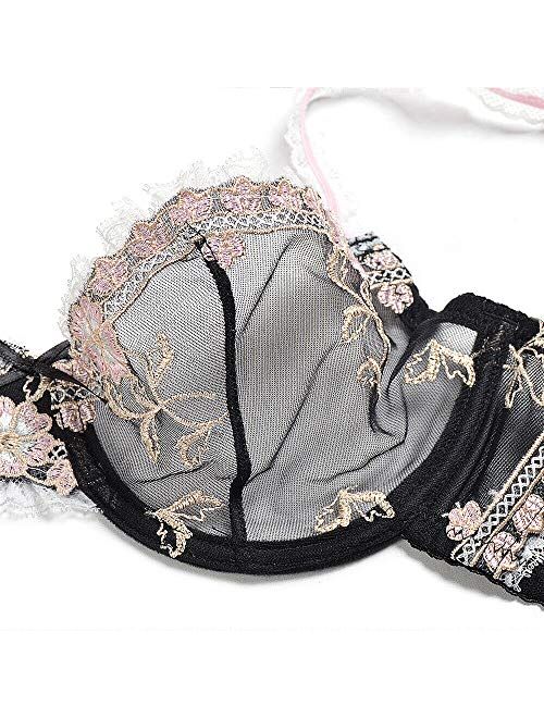 HWDI Women's Underwired See Through Sheer Bra and Panties Mesh Unlined Sexy Floral Lace Bralettes Plus Size