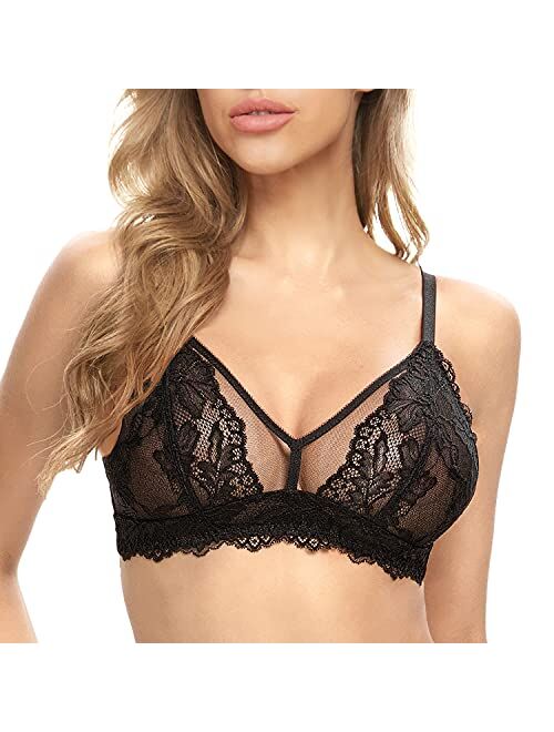 GARMERA Lace Bralette for Women Wirefree Sheer Bra Non Padded See Through Unlined Soft