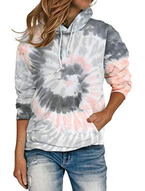 HVEPUO Tie Dye Print Hoodie Long Sleeve Drawstring Pullover Tops Loose Casual Sweatshirt For Women(S-XXL)