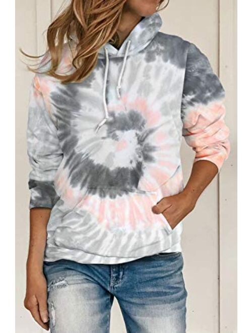 HVEPUO Tie Dye Print Hoodie Long Sleeve Drawstring Pullover Tops Loose Casual Sweatshirt For Women(S-XXL)
