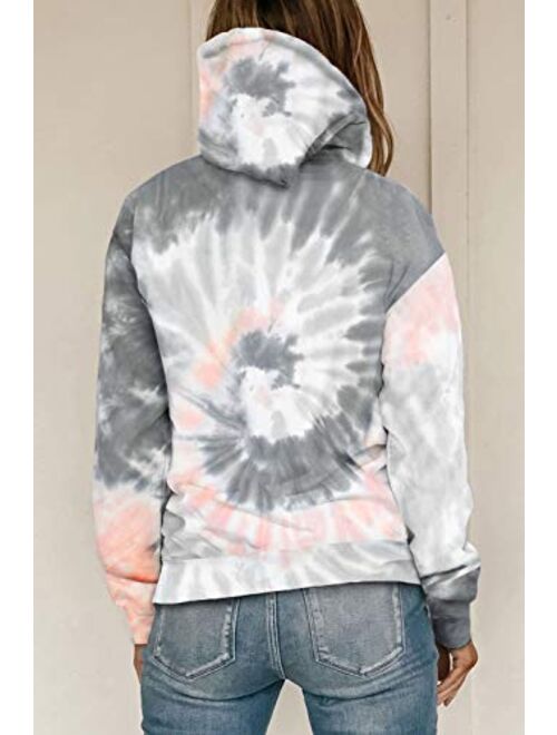 HVEPUO Tie Dye Print Hoodie Long Sleeve Drawstring Pullover Tops Loose Casual Sweatshirt For Women(S-XXL)