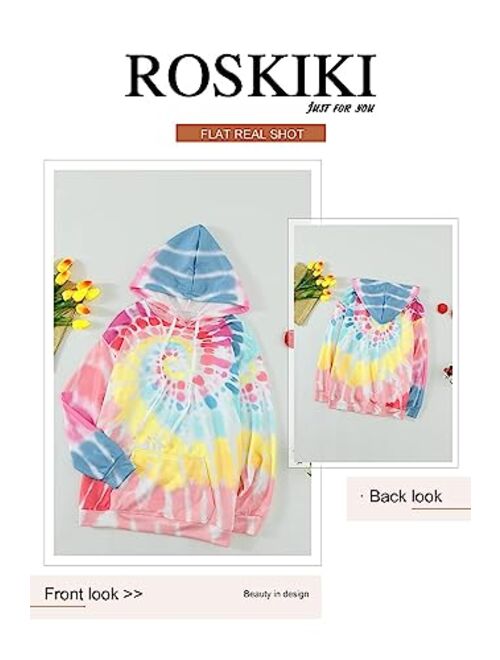 ROSKIKI Womens Casual Long Sleeve Hoodies Pullover Sweatshirt Colorblock Tie Dye Print Tops
