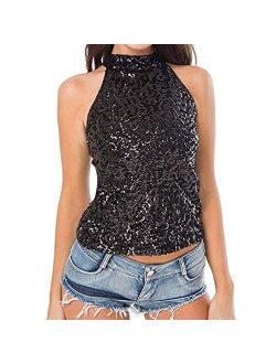 Women Tank Tops Solid Color Sexy Casual Turtleneck Blouse Sleeveless Shimmer Flashy All Sequins Embellished Sparkle Vest