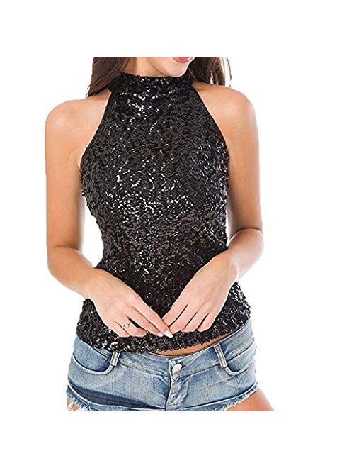 Women Tank Tops Solid Color Sexy Casual Turtleneck Blouse Sleeveless Shimmer Flashy All Sequins Embellished Sparkle Vest