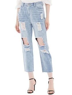 Anna-Kaci Womens Ripped Boyfriend Jeans High Waisted Frayed Knee Holes Distressed Baggy Crop Denim Pants