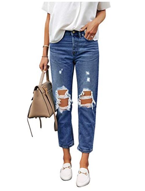 Utyful Women's High Waist Relaxed Fit Ripped Distressed Jeans Straight-Leg Mom Denim Pants