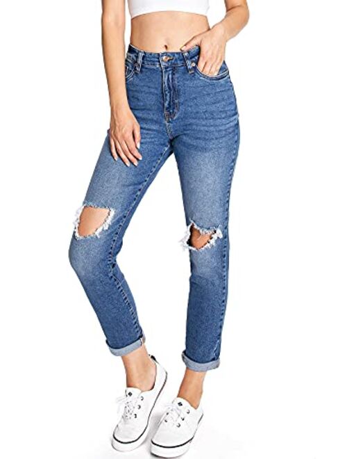 Celebrity Pink Women's Juniors High Waisted Distressed Mom Jeans