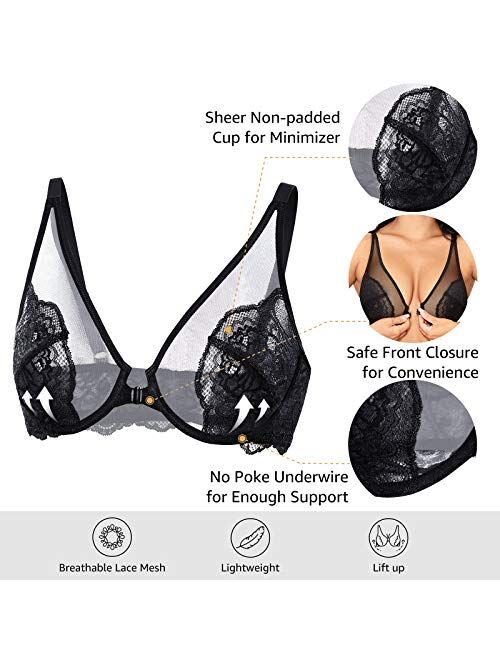DOBREVA Women's Plunge lace Bra Minimizer Plus Size Front Closure Bras See Through