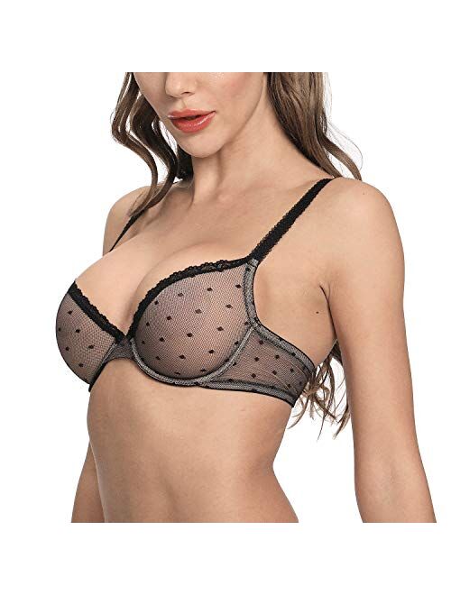 Women's Sexy Sheer Lace Unlined Mesh Demi Non Padded See Through Plunge Underwired Unpadded Bra