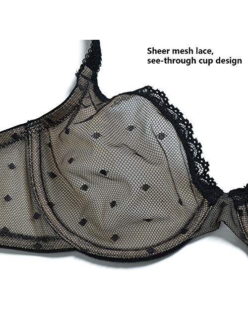 Women's Sexy Sheer Lace Unlined Mesh Demi Non Padded See Through Plunge Underwired Unpadded Bra