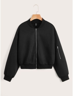Zipper Detail Solid Bomber Jacket