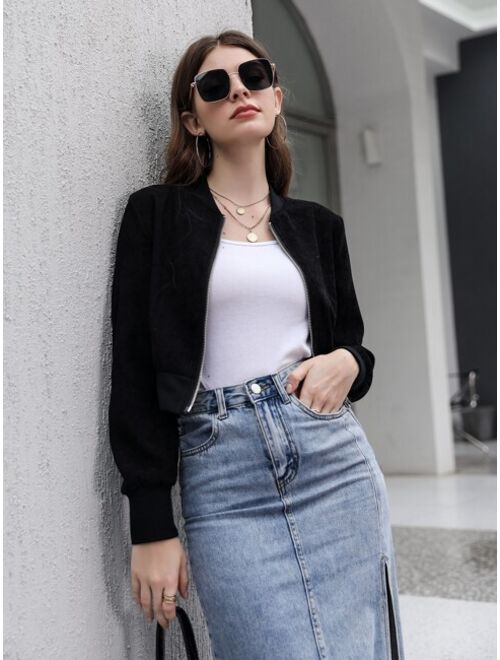 Shein Solid Zipper Front Crop Bomber Jacket