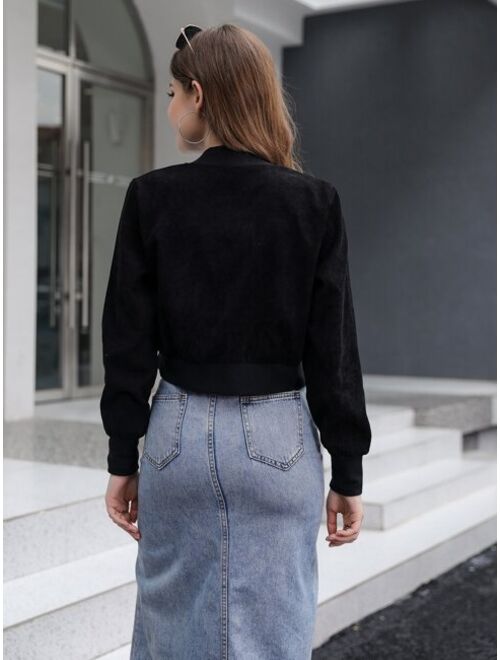 Shein Solid Zipper Front Crop Bomber Jacket