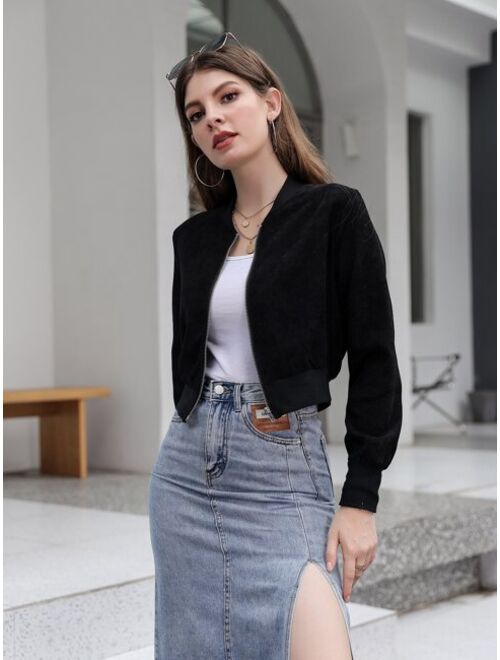 Shein Solid Zipper Front Crop Bomber Jacket