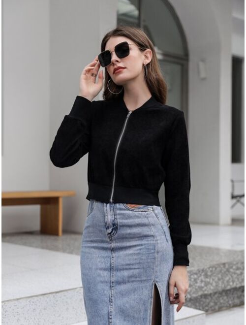 Shein Solid Zipper Front Crop Bomber Jacket