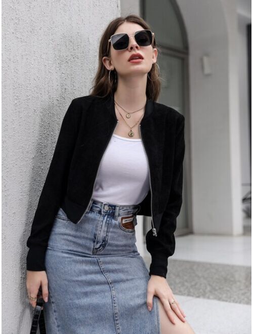 Shein Solid Zipper Front Crop Bomber Jacket