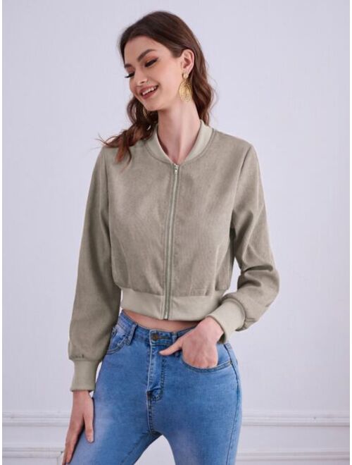 Shein Solid Zipper Front Crop Bomber Jacket